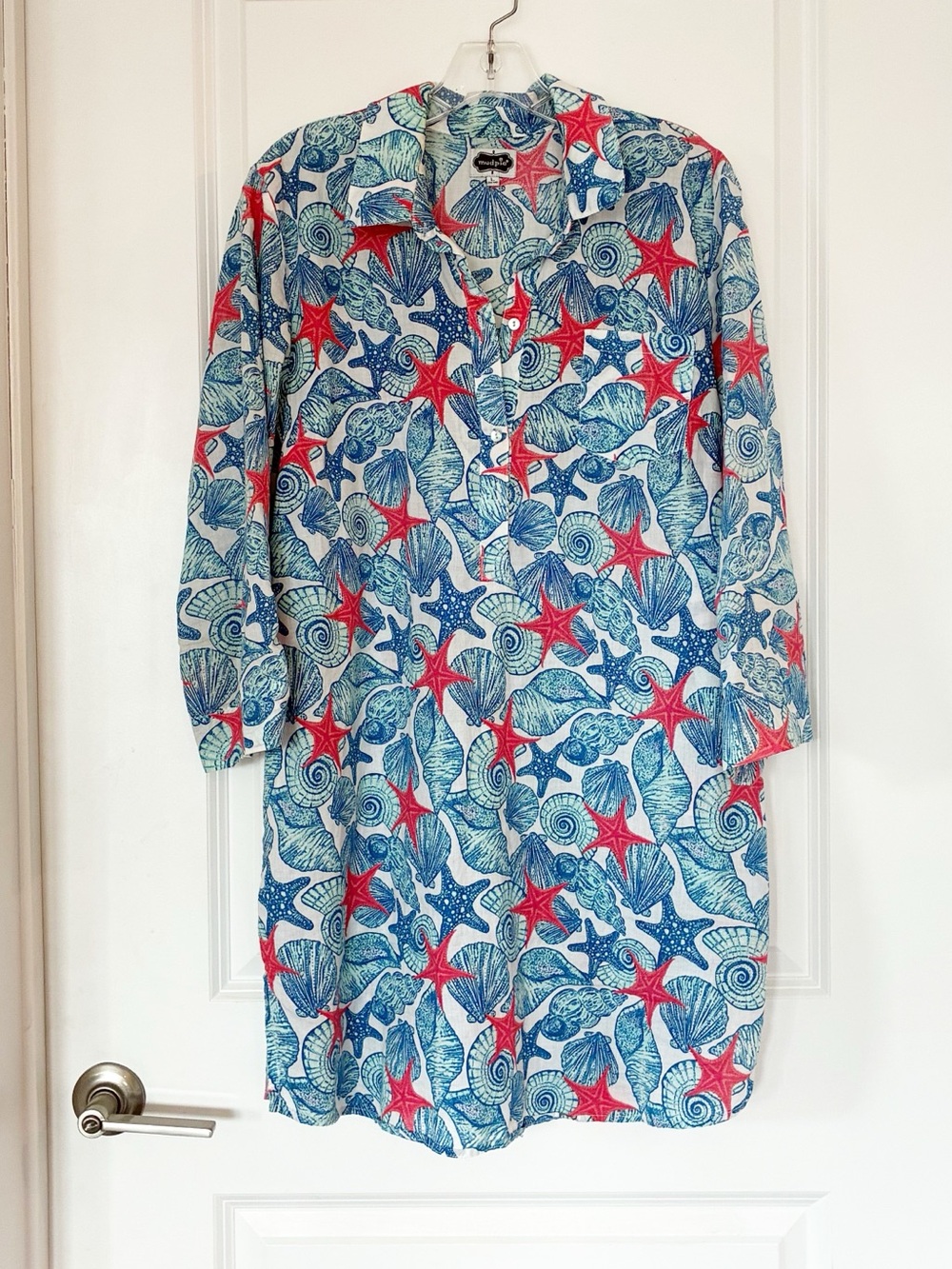 Coastal Seashell & Starfish Long Sleeve Tunic Swim Cover-up Blue & Red MUD PIE